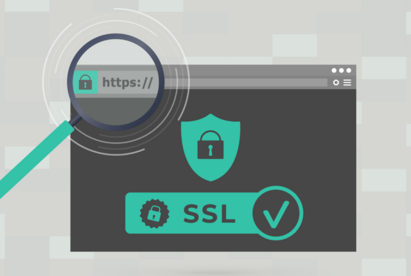 Magnifying glass zoomed in on a website address bar showing a lock with "https" and on the main page in big letters says "SSL" with a lock and a checkmark