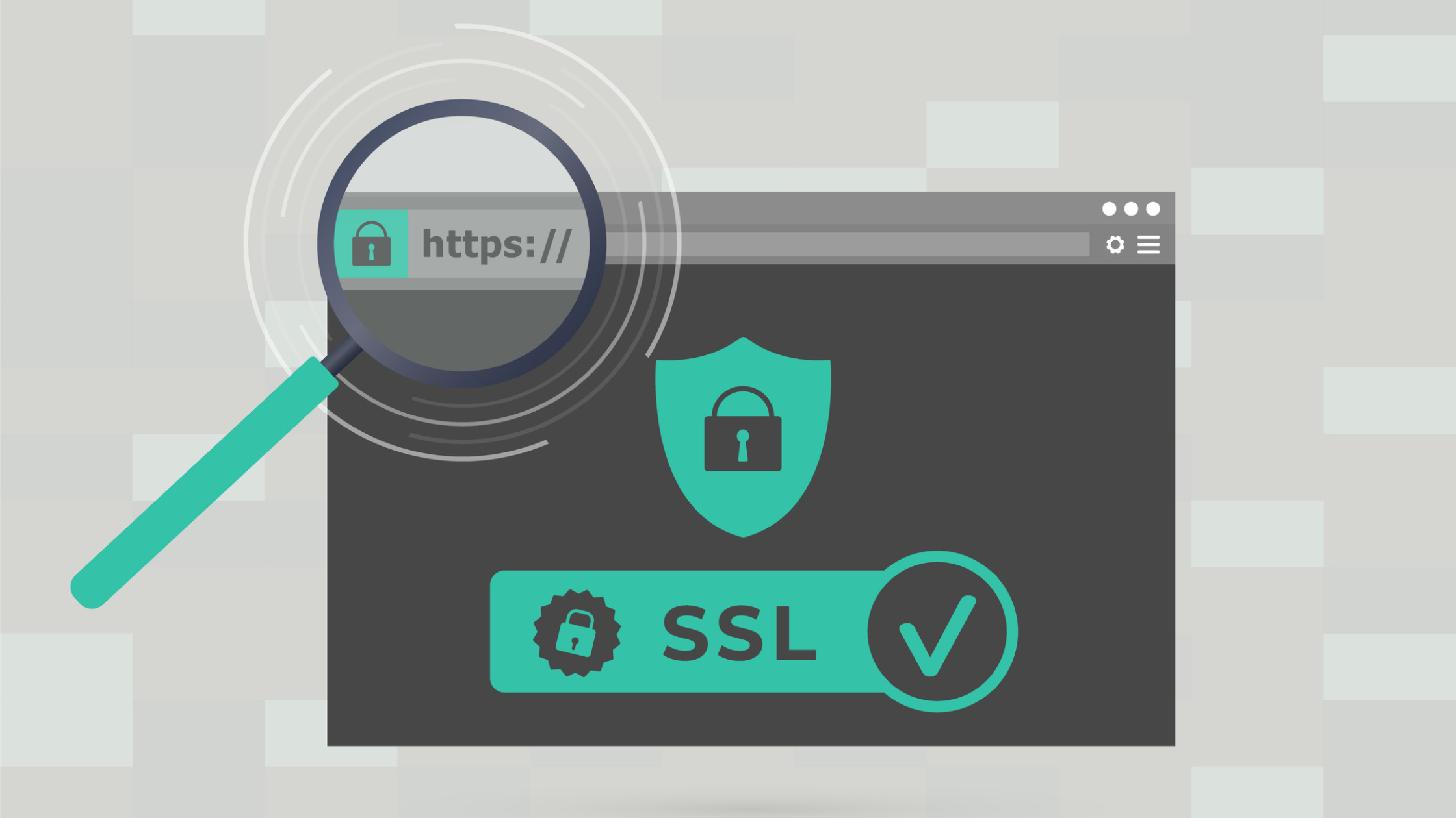 Magnifying glass zoomed in on a website address bar showing a lock with "https" and on the main page in big letters says "SSL" with a lock and a checkmark